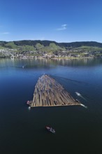 Forestry workers float a raft of felled tree trunks from the Bergmatt across the Ägerisee to the
