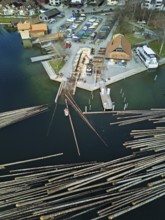 Raft of felled tree trunks at the landing stage where the trunks are pulled ashore and cut to size