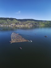 Forestry workers float a raft of felled tree trunks from the Bergmatt across the Ägerisee to the