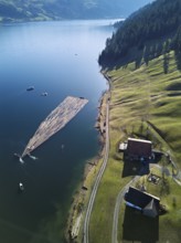 Forestry workers float a raft of felled tree trunks from the Bergmatt across the Ägerisee to the