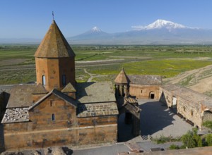 Detailed view of a monastery with inner courtyard and Mount Ararat in the background, aerial view,
