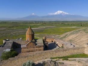 Monastery complex with a view of Mount Ararat and the surrounding landscape, aerial view, Chor