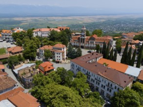 Panoramic view of a town with a prominent tower and traditional red roofs, aerial view, Sighnaghi,