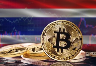 Bitcoin with Thailand flag in the background. Investors in cryptocurrency and Blockchain Technology
