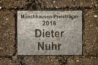 Sign for the 2016 Münchhausen Prize winner Dieter Nuhr in the Münchhausen town of Bodenwerder,