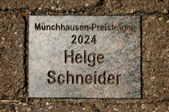 Sign for the 2024 Münchhausen Award winner Helge Schneider in the Münchhausen town of Bodenwerder,