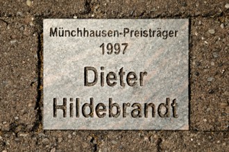 Sign for the 1997 Münchhausen Prize winner Dieter Hildebrandt in the Münchhausen town of