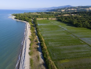 View of the coastline and neighbouring green fields bordering the blue sea with rolling hills in