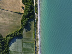 Aerial view of a coastline with neighbouring agricultural fields and the vast blue sea, aerial