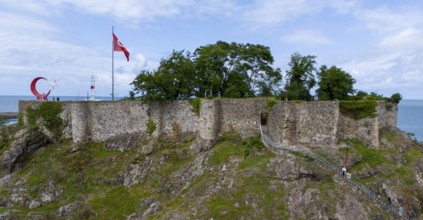 Close-up of a castle on a rock with flag, surrounded by nature, aerial view, fortress, castle,