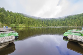 Calm lake surrounded by green trees and mountains with boats in the foreground, Mummelsee, Seebach,