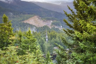 Panorama with a view of forests and mountains offering an impressive wide landscape, Mummelsee,