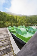 Green pedal boats on a jetty, with a forest and lake in the background, Mummelsee, Seebach, Ortenau