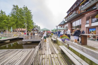 Animated dock area with people, wooden structures and neighbouring buildings, Mummelsee, Seebach,