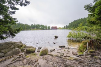 A lake with a rocky shore, a building in the background and surrounded by forest, Mummelsee,
