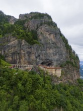 A monastery perched monumentally on a steep rock face, surrounded by dense forests, aerial view,