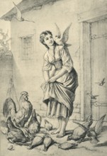 Girl feeding chickens and pigeons, A. Hendschel's sketchbook, collotype published by M. Hendschel,