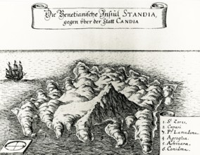 Engraving, The island of Spina Longa, Crete, Greece, place of internment of the Bavarian relief