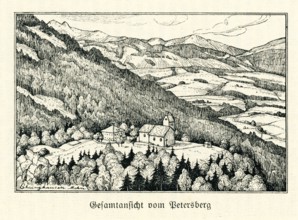 Church in the mountain landscape, reproduction church guide from 1911 Petersberg pilgrimage church,
