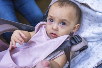 Adorable baby girl sitting in a stroller, secured with a safety harness and wearing a pink bib
