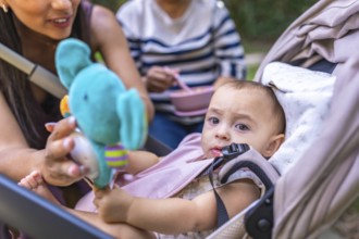 Mother showing a stuffed toy to her baby daughter sitting in a stroller, while grandmother is