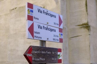 Hiking trail sign Via Francigena, Castel Gandolfo, Albano, Alban Hills, Colli Albani, Lazio, Italy