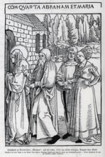 Abraham has visited his niece and leads her back to godliness, woodcut 1501, from Könnecke
