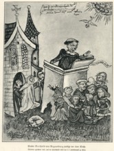 Brother Bernhard of Regensburg (1272) preaching in front of a church, miniature from 1477, from