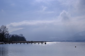 Winter at the lake, dark clouds, Gmund am Tegernsee, Upper Bavaria, Bavaria, Germany