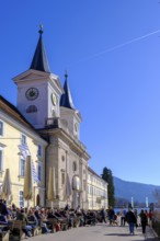 Tegernsee Monastery Church, with Bräustüberl, at Tegernsee, Upper Bavaria, Bavaria, Germany