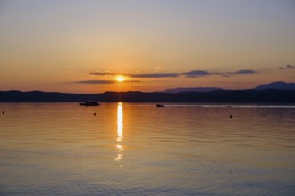 Sunset at Lido delle Grotte, Jamaica Beach, Sirmione on Lake Garda, Veneto, Veneto, Italy
