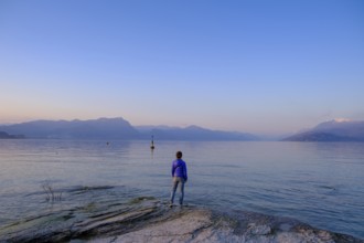 Sunset at Lido delle Grotte, Jamaica Beach, Sirmione on Lake Garda, Veneto, Veneto, Italy