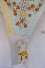 Stucco, flowers, putti, St Kilian's parish church, Bad Heilbrunn, Upper Bavaria, Bavaria, Germany