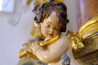 Angel, putto, cherub, playing music, St Kilian's parish church, Bad Heilbrunn, Upper Bavaria,