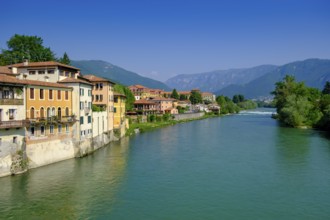 Old town centre on the Brenta, from the Ponte degli Alpini, Bassano del Grappa, Veneto, Italy