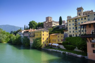 Old town centre on the Brenta, from the Ponte degli Alpini, Bassano del Grappa, Veneto, Italy