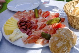 South Tyrolean Marende, snack, bacon, Vinschgerl, food, Buschenschank Pergola, near Tramin, Wine