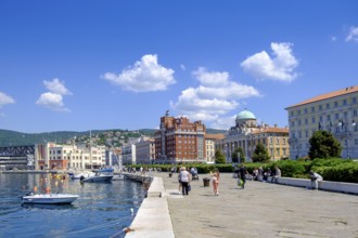 Riva del Mandracchio, waterfront promenade with old town centre, Trieste, Adriatic Sea,