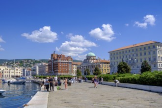 Riva del Mandracchio, waterfront promenade with old town centre, Trieste, Adriatic Sea,