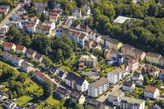 Aerial view, construction site with scaffolding, renovation and refurbishment residential building