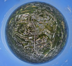 Aerial view, city centre view, street crossing Rahmedestraße and Heedfelder Straße, earth globe,