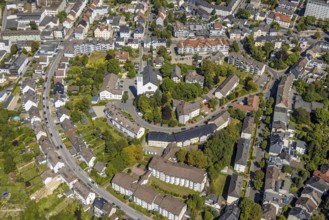 Aerial view, residential area Graf-von-Galen-Straße and cath. Church Maria Königin, Lüdenscheid