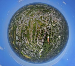 Aerial view, city centre view, park and residential area Im Winkel, earth globe, fisheye shot,