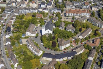 Aerial view, residential area Graf-von-Galen-Straße and cath. Church Maria Königin, Lüdenscheid