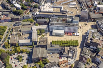 Aerial view, tree avenue at the town hall and town hall square, city, Lüdenscheid city,