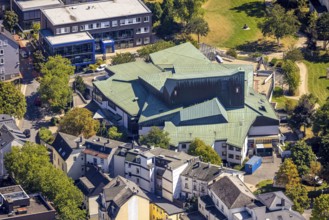 Aerial view, city garden with cultural centre, Lüdenscheid city, Lüdenscheid, Sauerland, North