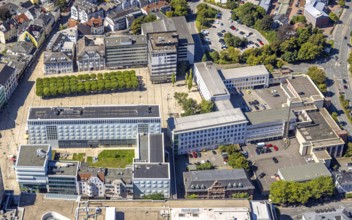 Aerial view, town hall and town hall square with tree avenue, city, Lüdenscheid city, Lüdenscheid,