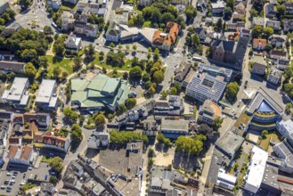 Aerial view, city garden with cultural centre and ENT centre, Lüdenscheid city, Lüdenscheid,