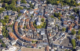 Aerial view, circular residential complex in the city centre with evang. Erlöserkirche,