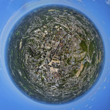 Aerial view, city centre view with town hall and town hall square, earth globe, fisheye image, 360